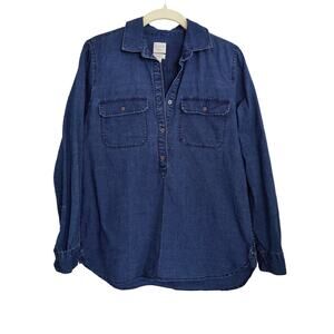 J Crew Women's Sz XS Boyfit Denim Popover Collared Shirt Blue Curved Hem V Neck